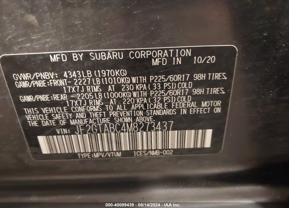 2021 SUBARU CROSSTREK VIN: JF2GTABC4M8273437