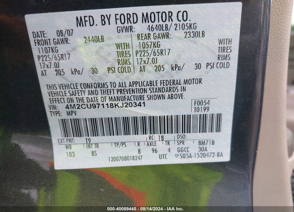 2008 MERCURY MARINER PREMIER VIN: 4M2CU97118KJ20341