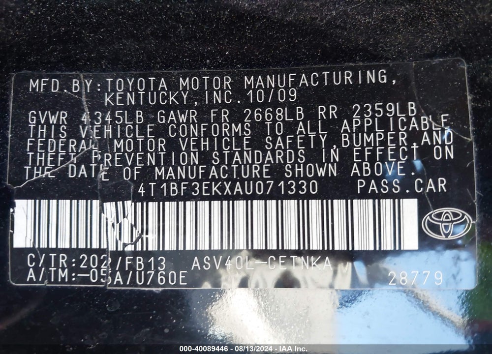 2010 TOYOTA CAMRY VIN: 4T1BF3EKXAU071330