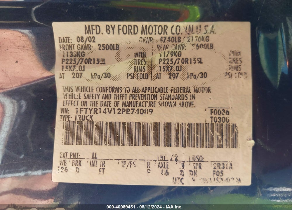 2002 FORD RANGER EDGE/TREMOR/XL/XLT VIN: 1FTYR14V12PB74089