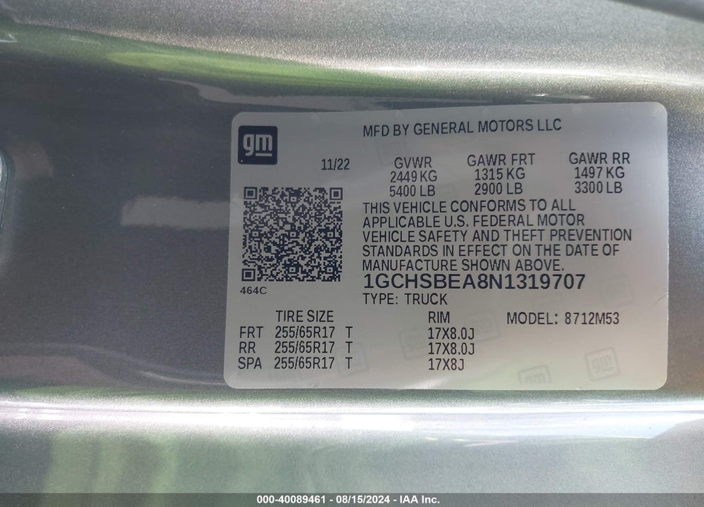 2022 CHEVROLET COLORADO VIN: 1GCHSBEA8N1319707