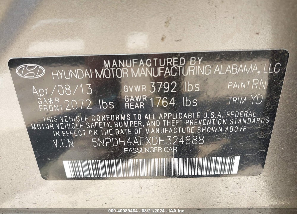 2013 HYUNDAI ELANTRA LIMITED VIN: 5NPDH4AEXDH324688