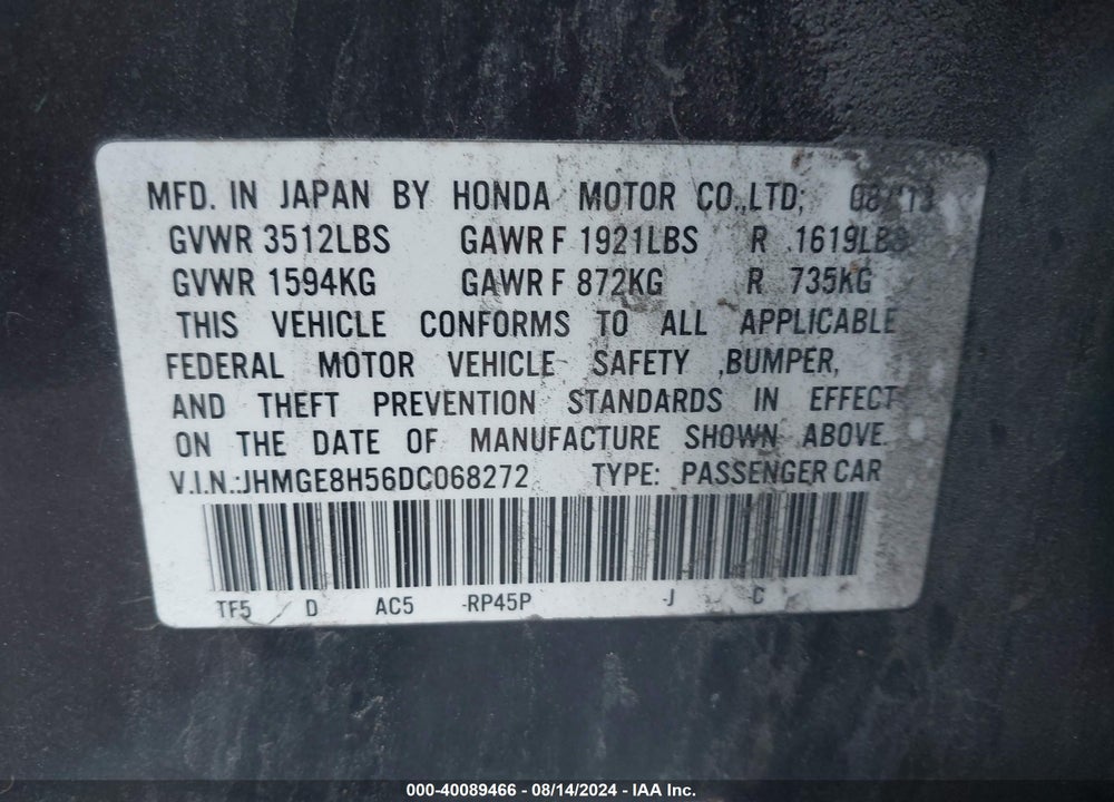 2013 HONDA FIT VIN: JHMGE8H56DC068272