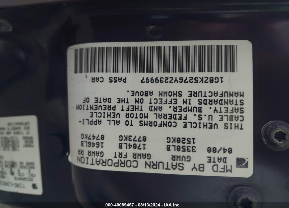2000 SATURN SL2 VIN: 1G8ZK5276YZ239997