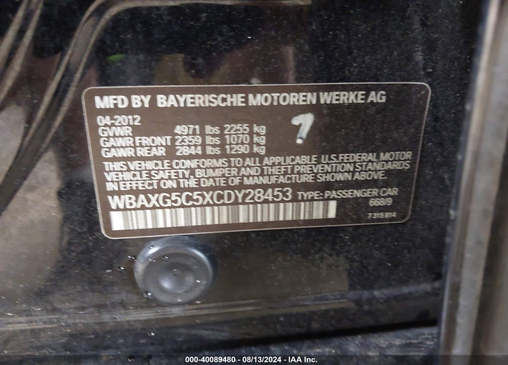 2012 BMW 528I VIN: WBAXG5C5XCDY28453