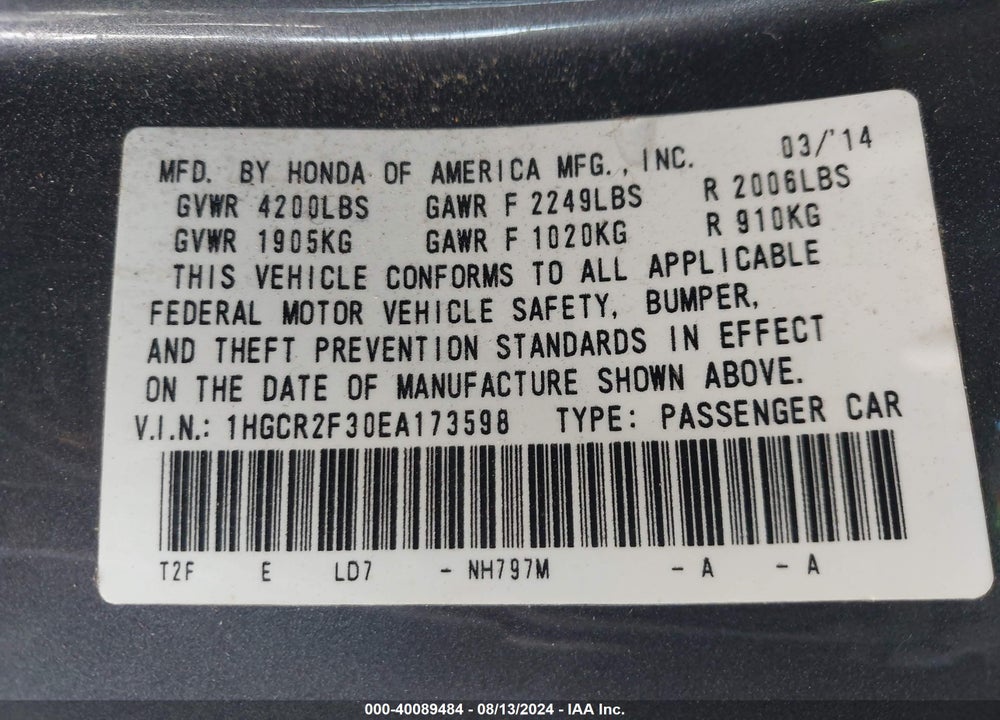 2014 HONDA ACCORD VIN: 1HGCR2F30EA173598