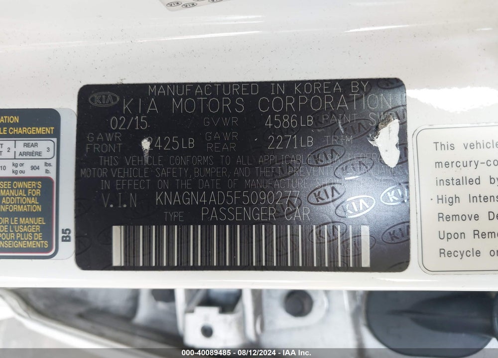 2015 KIA OPTIMA HYBRID EX VIN: KNAGN4AD5F5090277