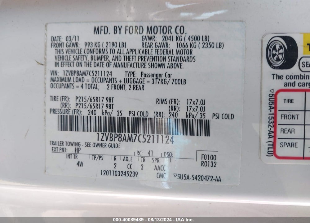 2012 FORD MUSTANG V6 PREMIUM VIN: 1ZVBP8AM7C5211124