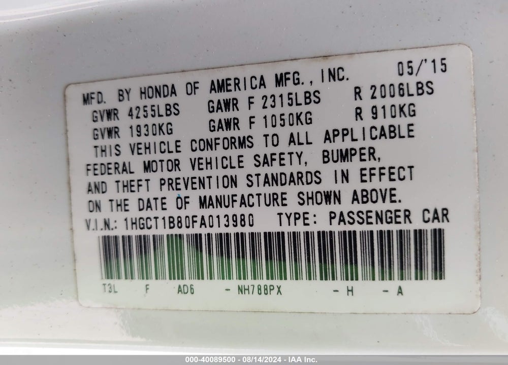 2015 HONDA ACCORD EX-L VIN: 1HGCT1B80FA013980