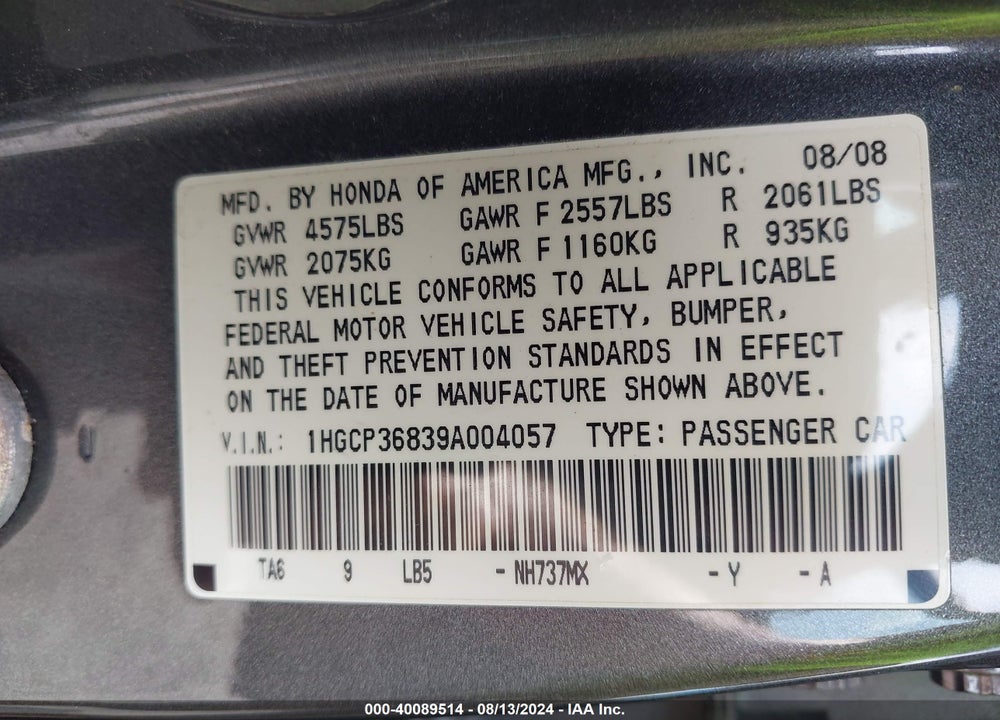 2009 HONDA ACCORD 3.5 EX-L VIN: 1HGCP36839A004057