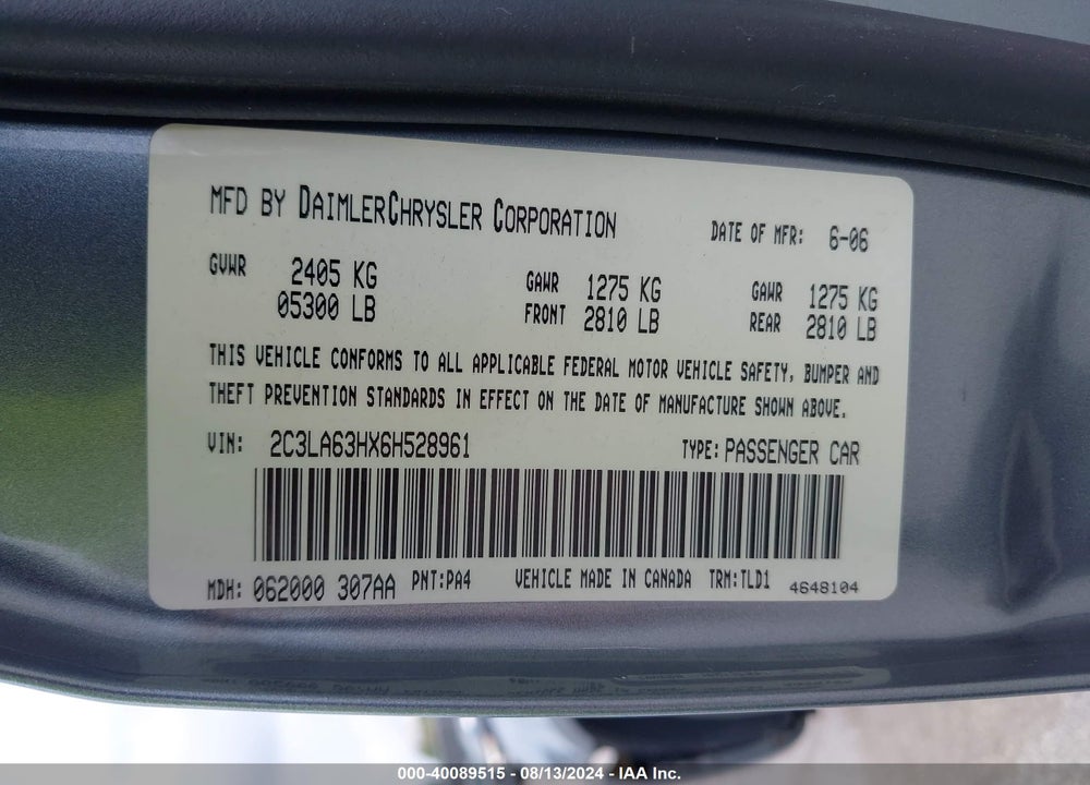 2006 CHRYSLER 300C VIN: 2C3LA63HX6H528961