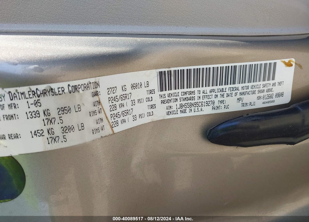 2005 JEEP GRAND CHEROKEE LIMITED VIN: 1J8HS58N95C619270