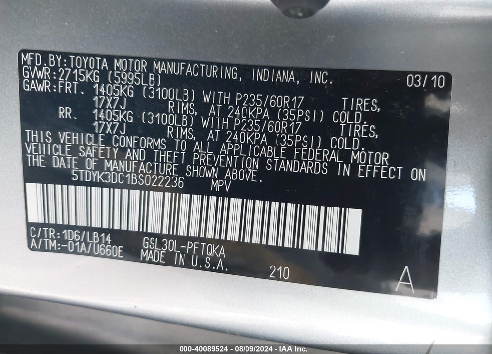 2011 TOYOTA SIENNA XLE V6/XLE V6 AUTO ACCESS SEAT VIN: 5TDYK3DC1BS022236