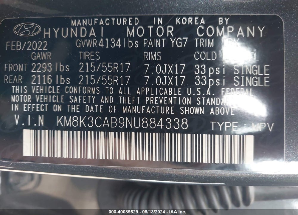 2022 HYUNDAI KONA SEL VIN: KM8K3CAB9NU884338
