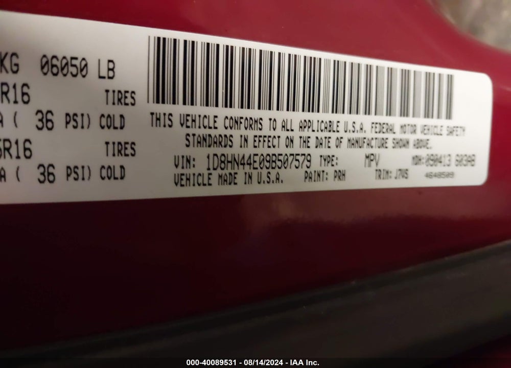 2009 DODGE GRAND CARAVAN SE VIN: 1D8HN44E09B507579