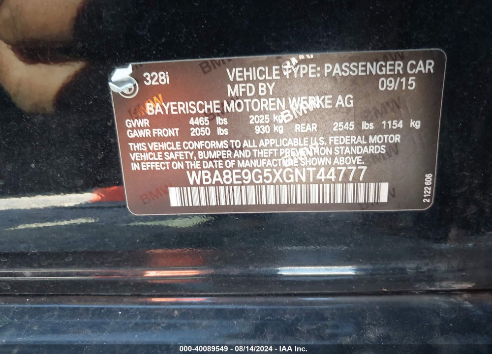 2016 BMW 328I VIN: WBA8E9G5XGNT44777
