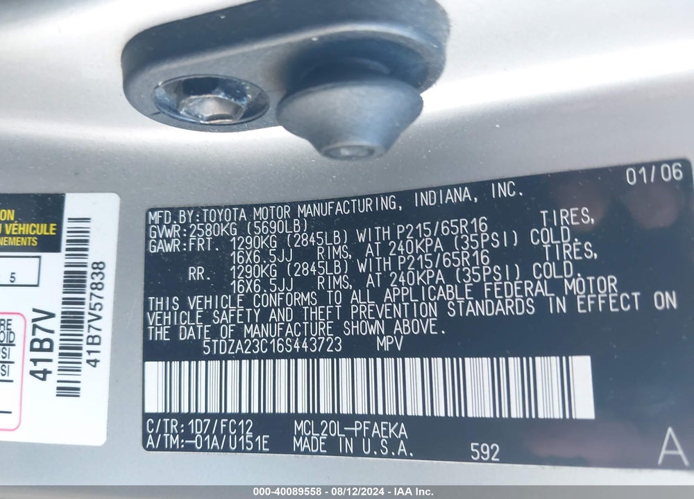 2006 TOYOTA SIENNA LE VIN: 5TDZA23C16S443723