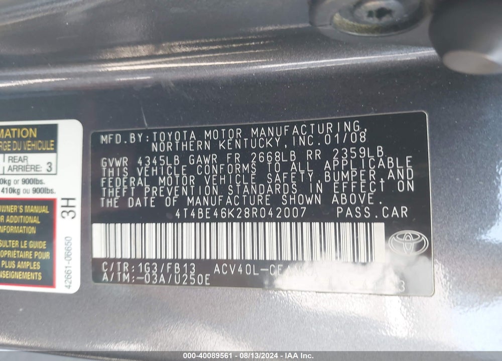 2008 TOYOTA CAMRY LE VIN: 4T4BE46K28R042007