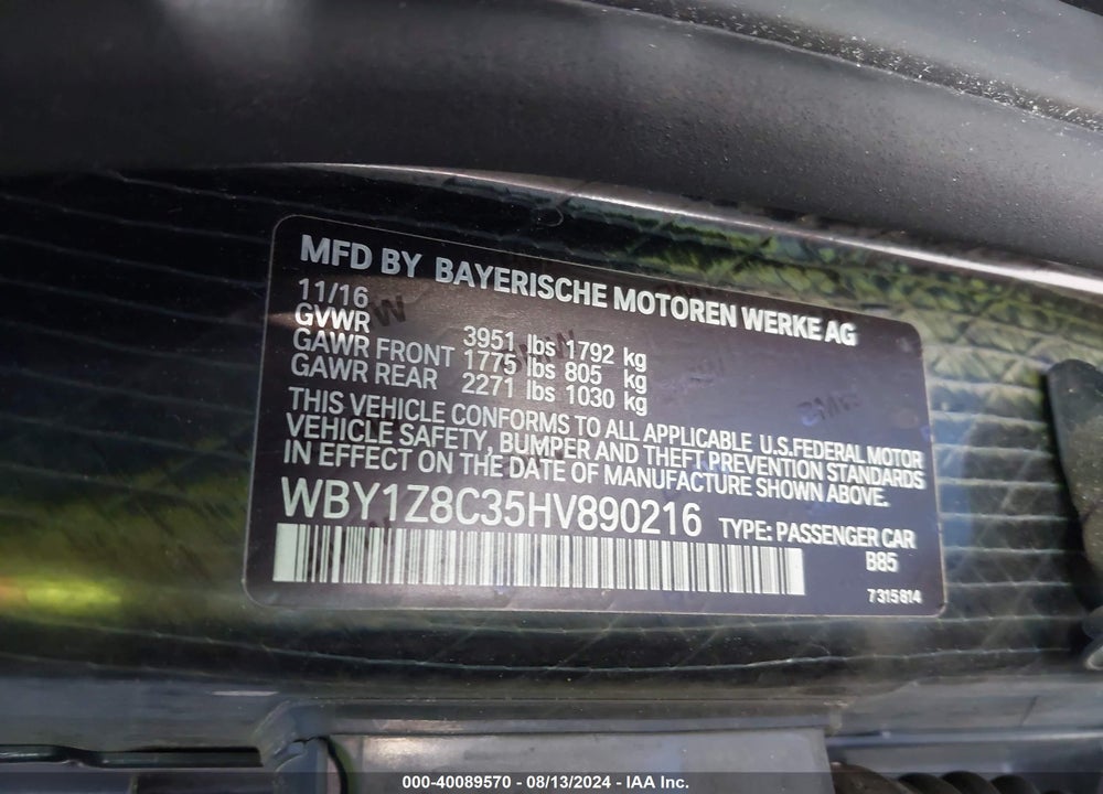 2017 BMW I3 REX VIN: WBY1Z8C35HV890216