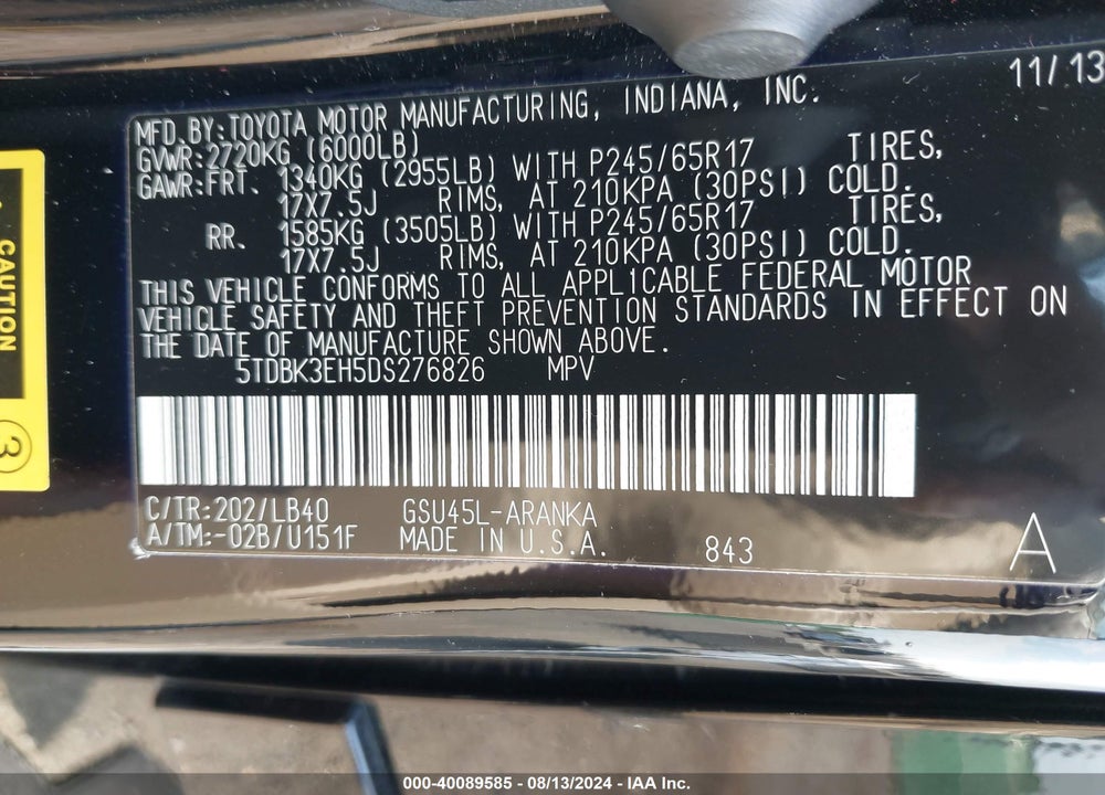 2013 TOYOTA HIGHLANDER SE V6 VIN: 5TDBK3EH5DS276826