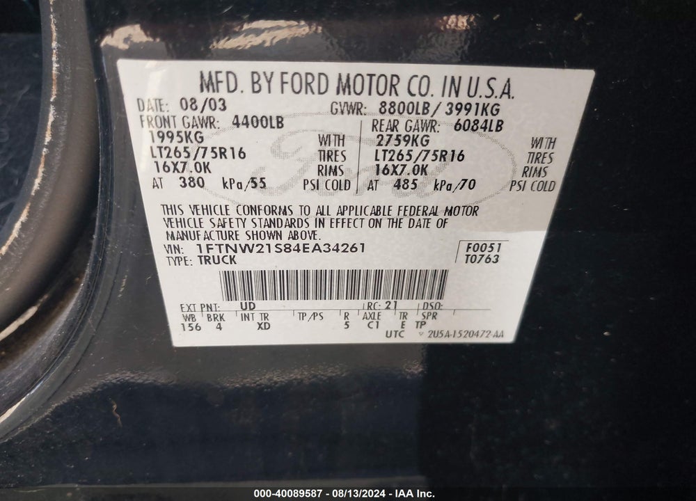 2004 FORD F-250 LARIAT/XL/XLT VIN: 1FTNW21S84EA34261
