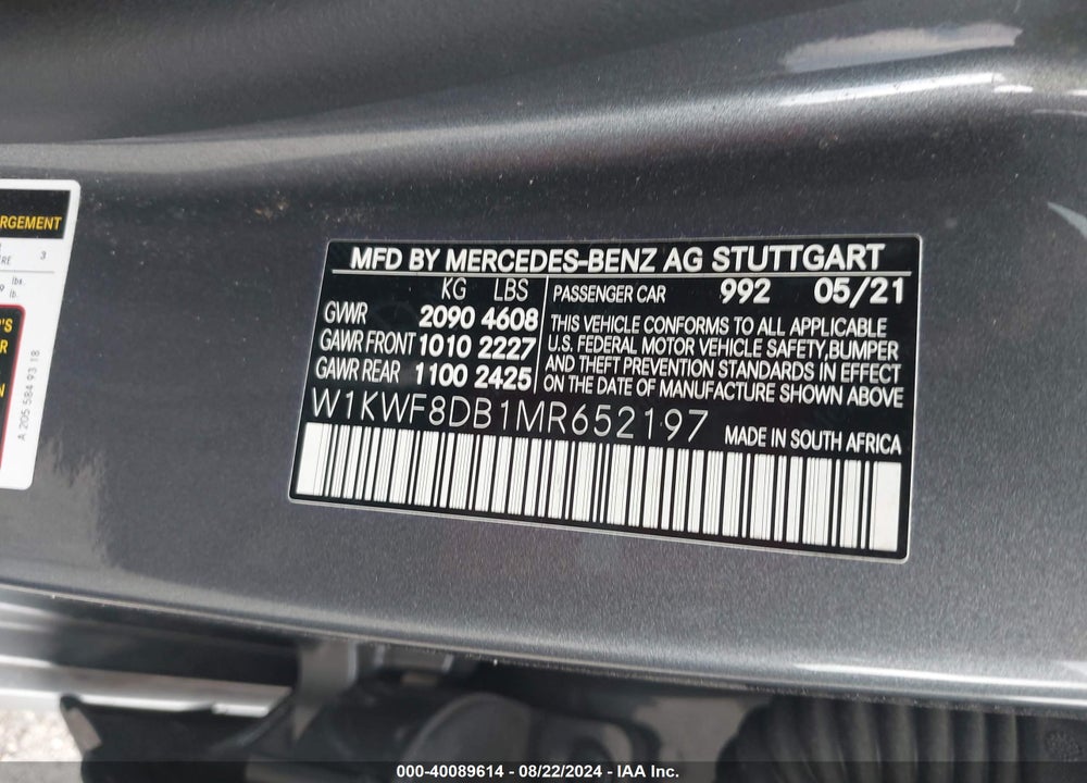 2021 MERCEDES-BENZ C 300 SEDAN VIN: W1KWF8DB1MR652197