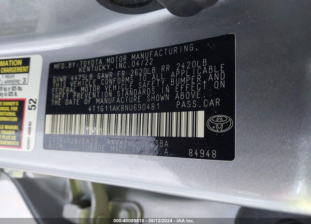 2022 TOYOTA CAMRY SE VIN: 4T1G11AK8NU690481