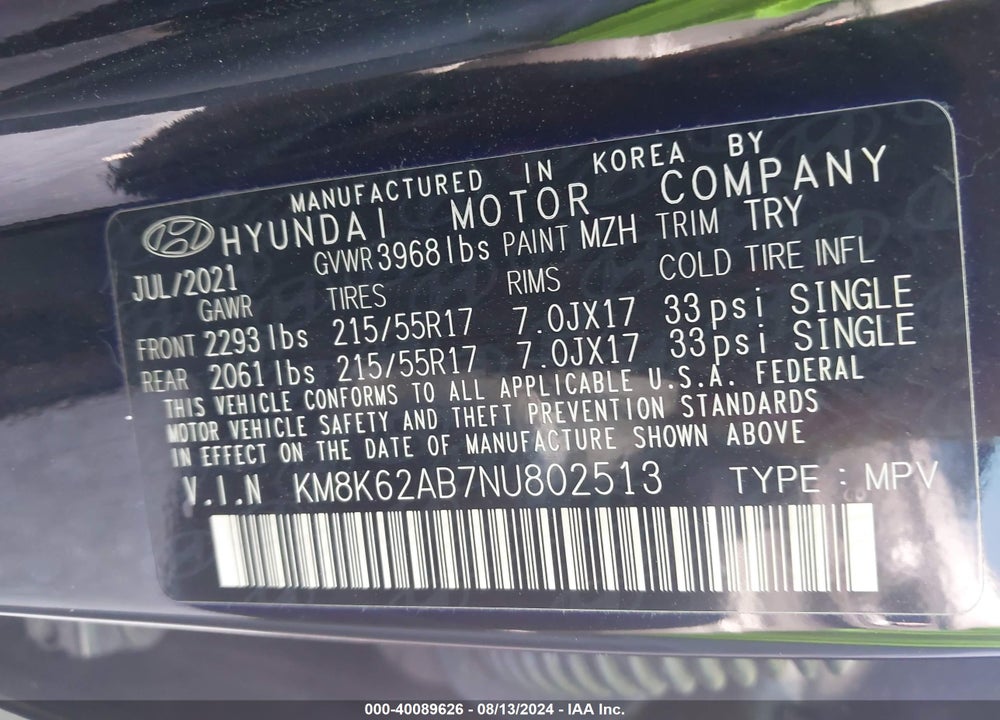 2022 HYUNDAI KONA SEL VIN: KM8K62AB7NU802513