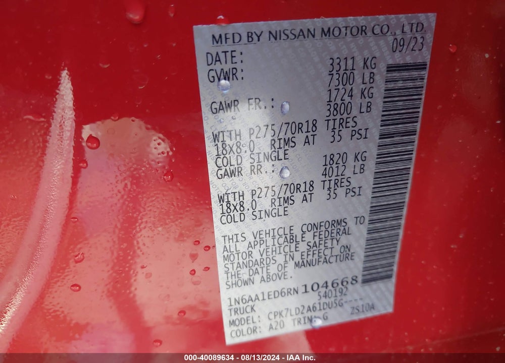 2024 NISSAN TITAN VIN: 1N6AA1ED6RN104668