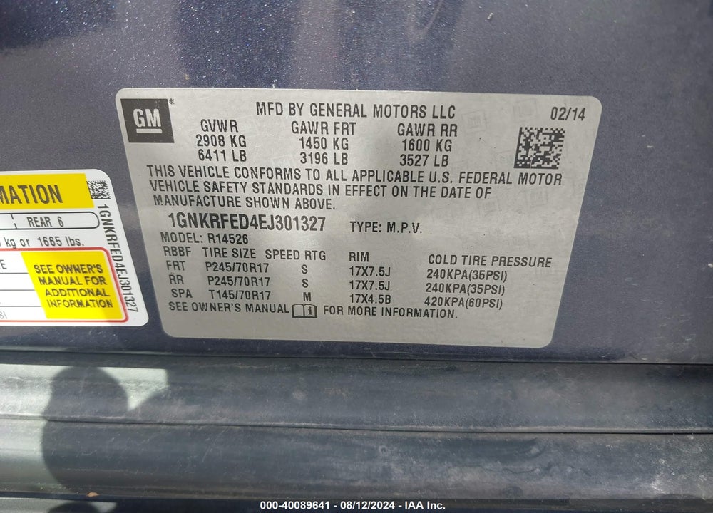 2014 CHEVROLET TRAVERSE VIN: 1GNKRFED4EJ301327