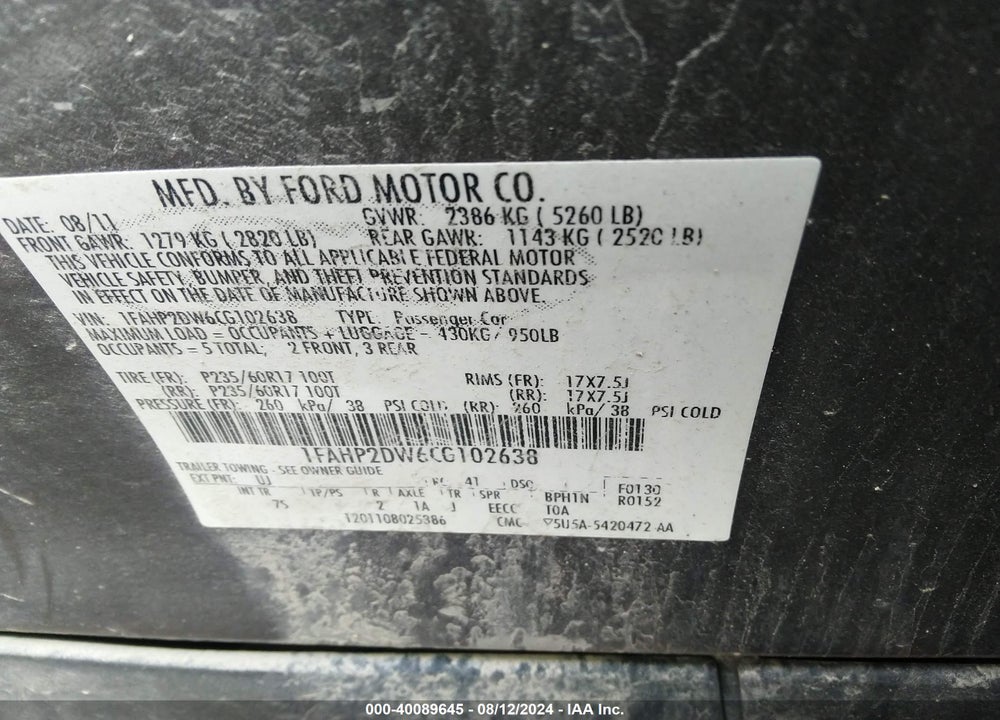 2012 FORD TAURUS SE VIN: 1FAHP2DW6CG102638