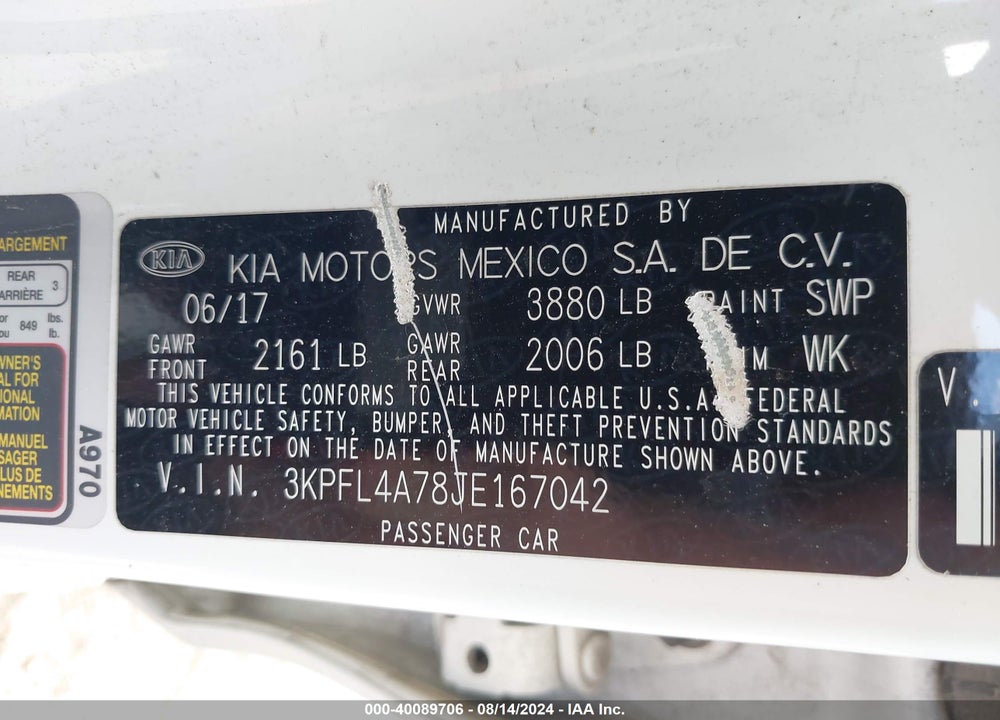 2018 KIA FORTE LX VIN: 3KPFL4A78JE167042