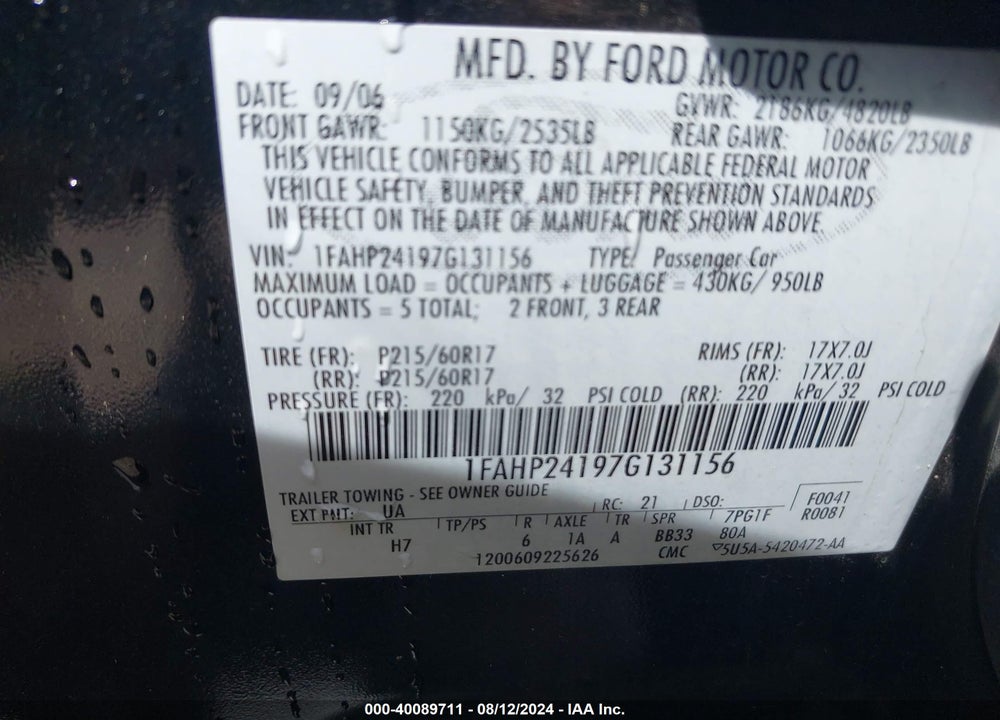 2007 FORD FIVE HUNDRED SEL VIN: 1FAHP24197G131156