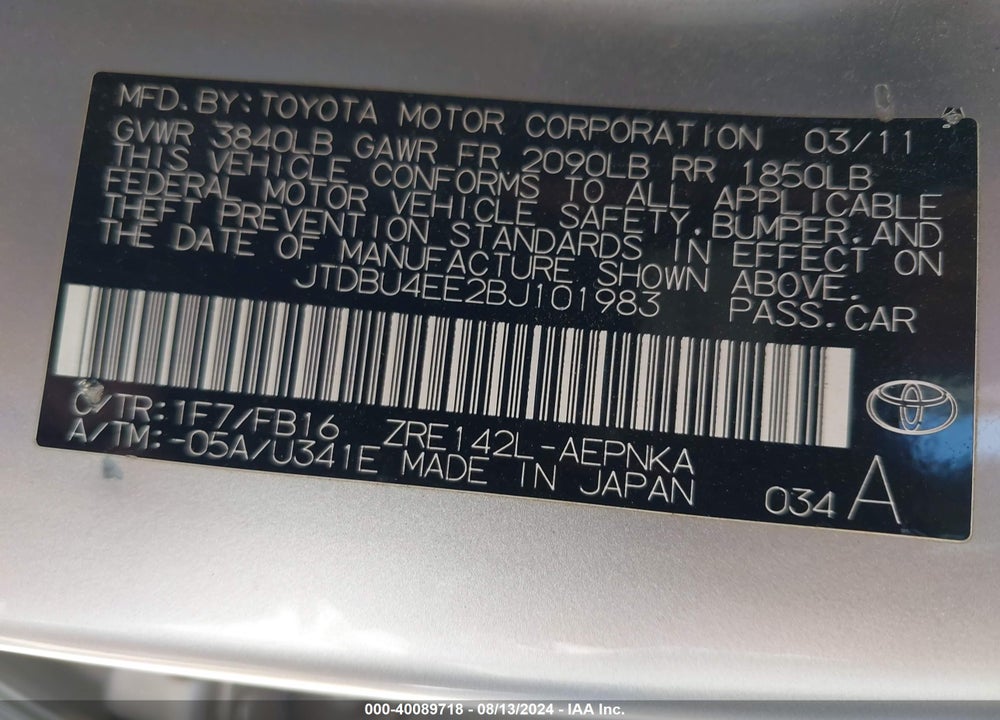 2011 TOYOTA COROLLA LE VIN: JTDBU4EE2BJ101983