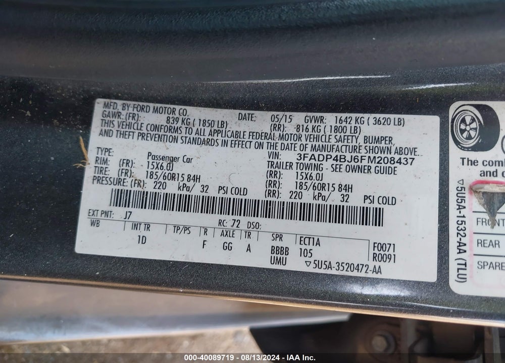 2015 FORD FIESTA VIN: 3FADP4BJ6FM208437