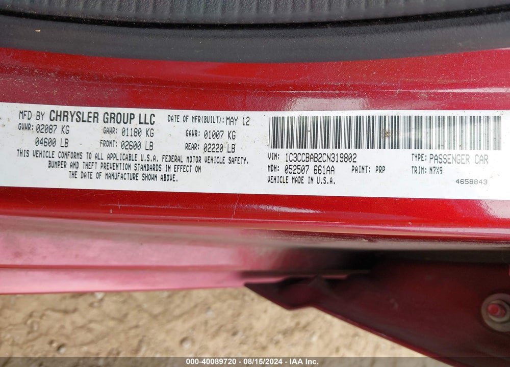 2012 CHRYSLER 200 LX VIN: 1C3CCBAB2CN319802