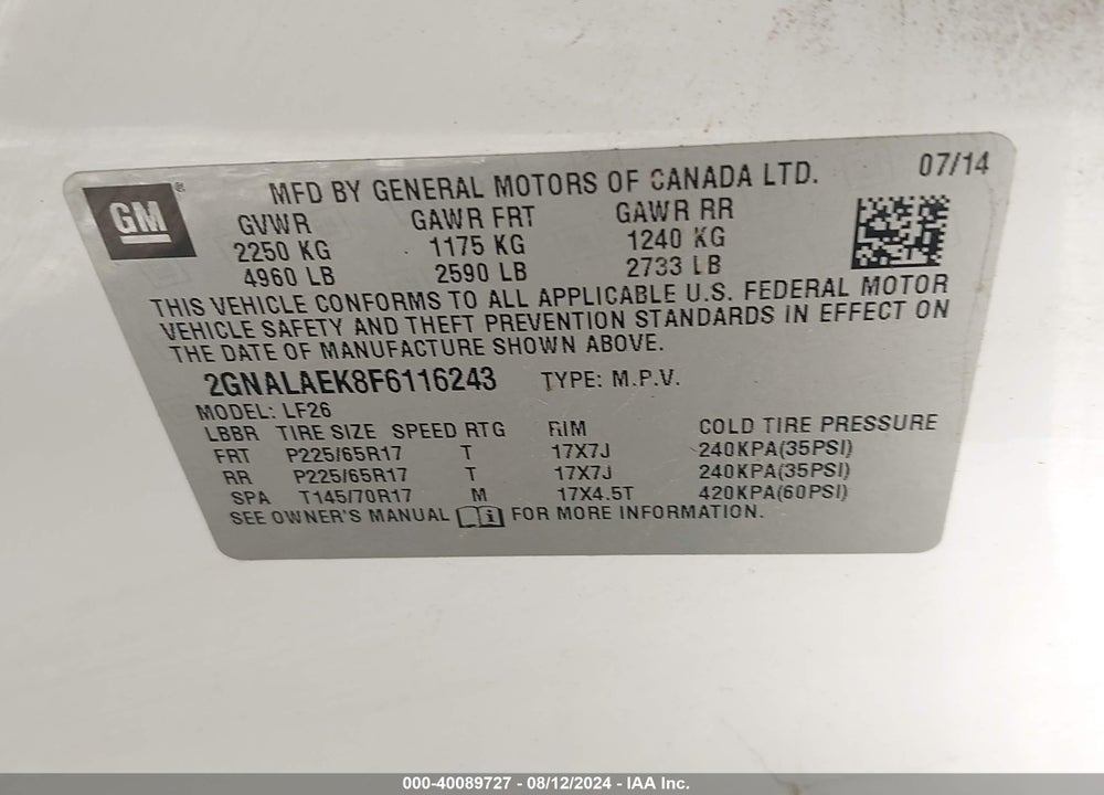 2015 CHEVROLET EQUINOX LS VIN: 2GNALAEK8F6116243