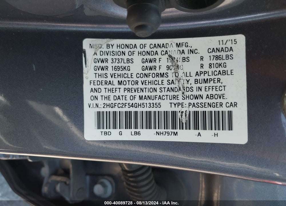 2016 HONDA CIVIC LX VIN: 2HGFC2F54GH513355