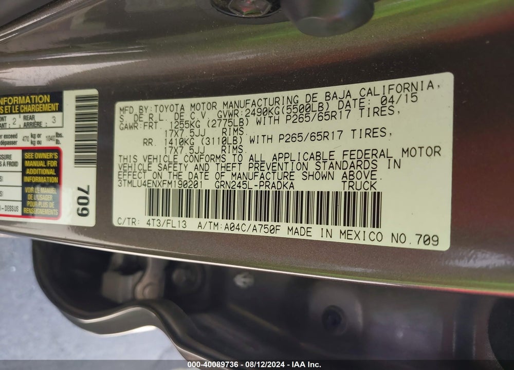 2015 TOYOTA TACOMA BASE V6 VIN: 3TMLU4ENXFM190201