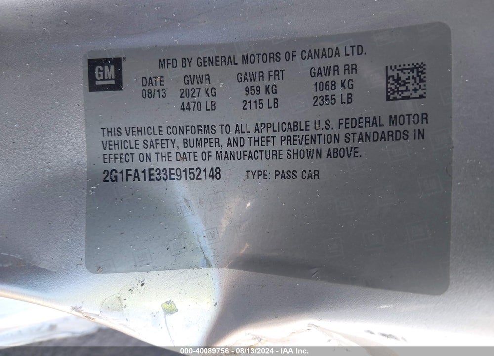 2014 CHEVROLET CAMARO 2LS VIN: 2G1FA1E33E9152148
