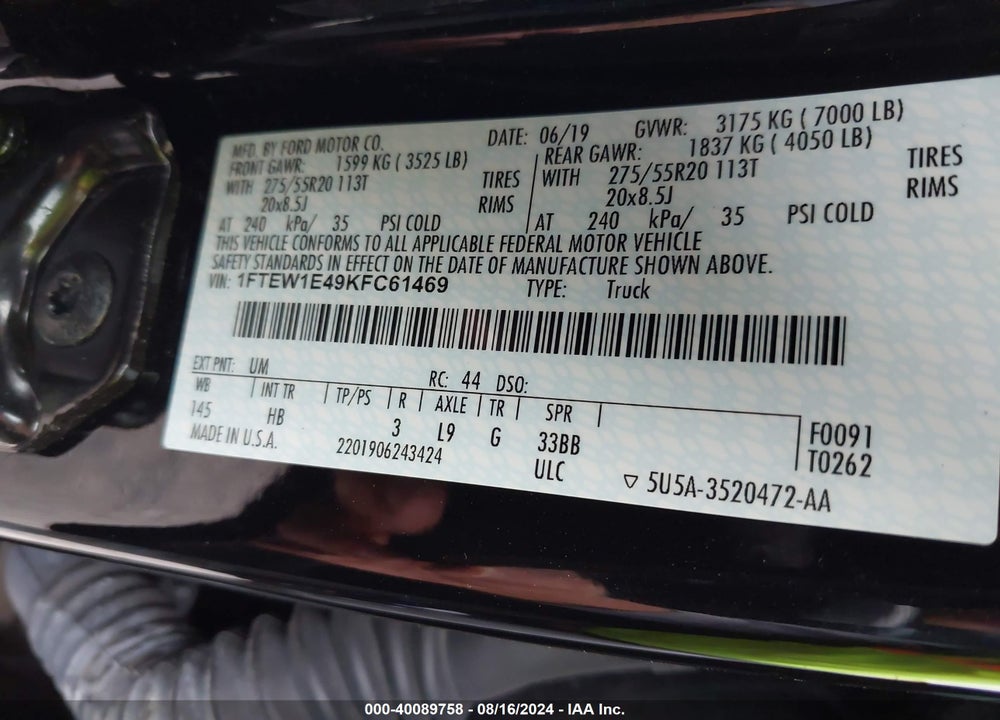 2019 FORD F-150 LARIAT VIN: 1FTEW1E49KFC61469