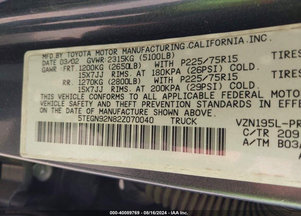 2002 TOYOTA TACOMA PRERUNNER V6 VIN: 5TEGN92N82Z070040