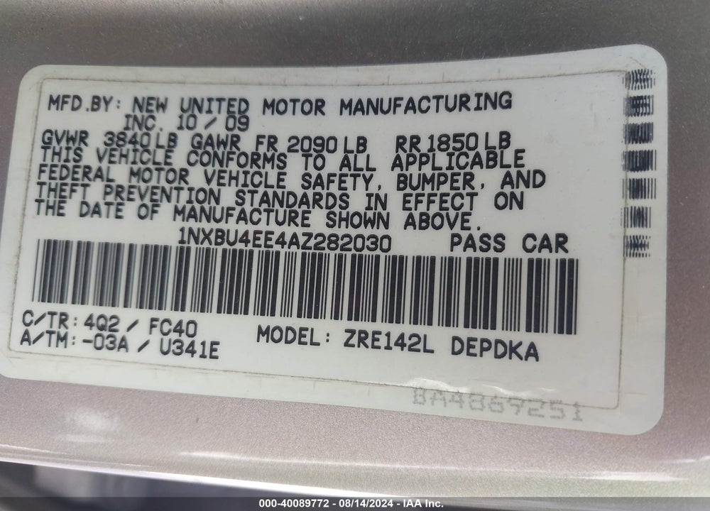 2010 TOYOTA COROLLA LE VIN: 1NXBU4EE4AZ282030