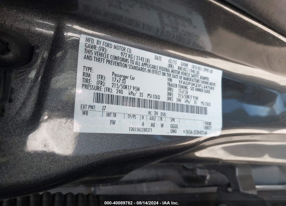 2015 FORD FOCUS SE VIN: 1FADP3K23FL247085