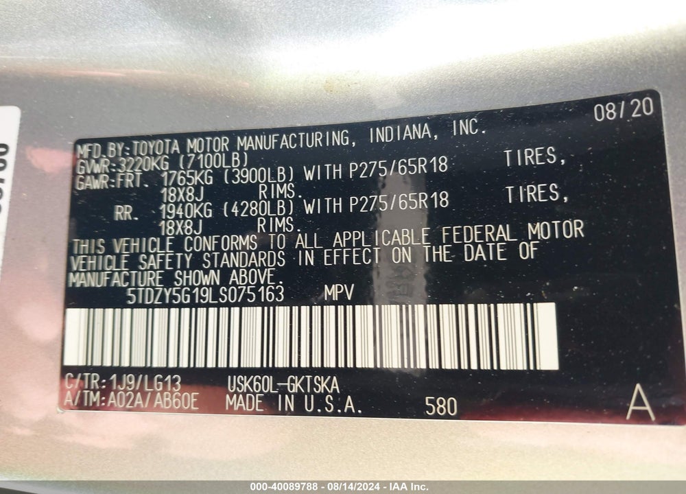 2020 TOYOTA SEQUOIA SR5 VIN: 5TDZY5G19LS075163