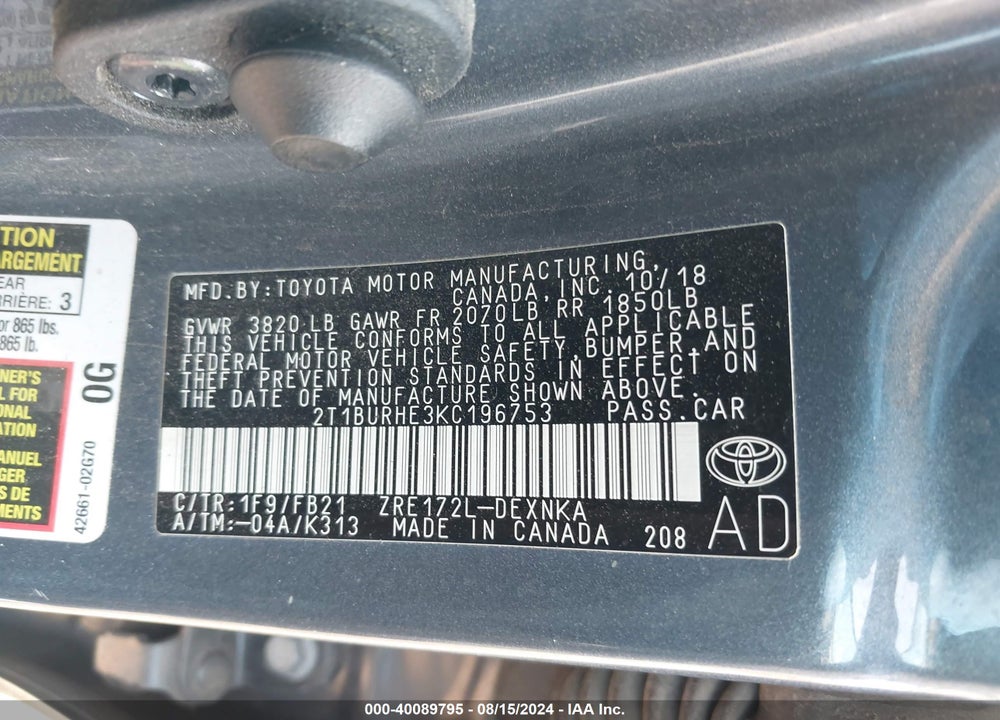 2019 TOYOTA COROLLA LE VIN: 2T1BURHE3KC196753