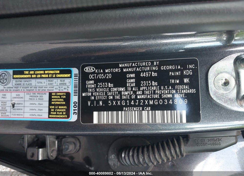 2021 KIA K5 LXS VIN: 5XXG14J2XMG034809