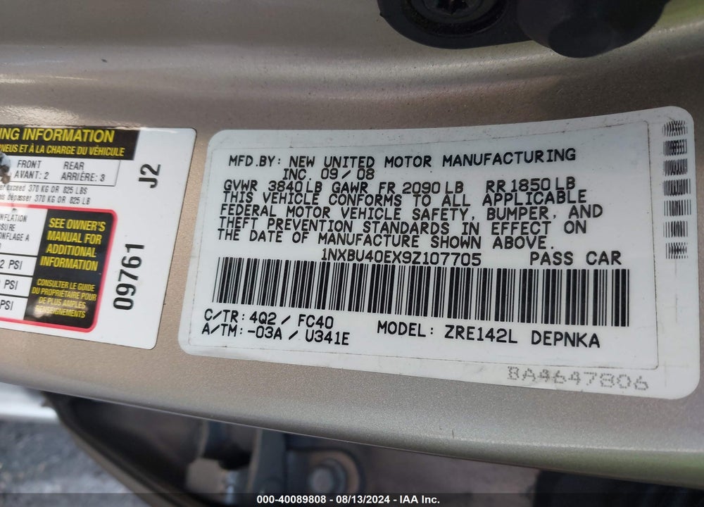 2009 TOYOTA COROLLA XLE VIN: 1NXBU40EX9Z107705