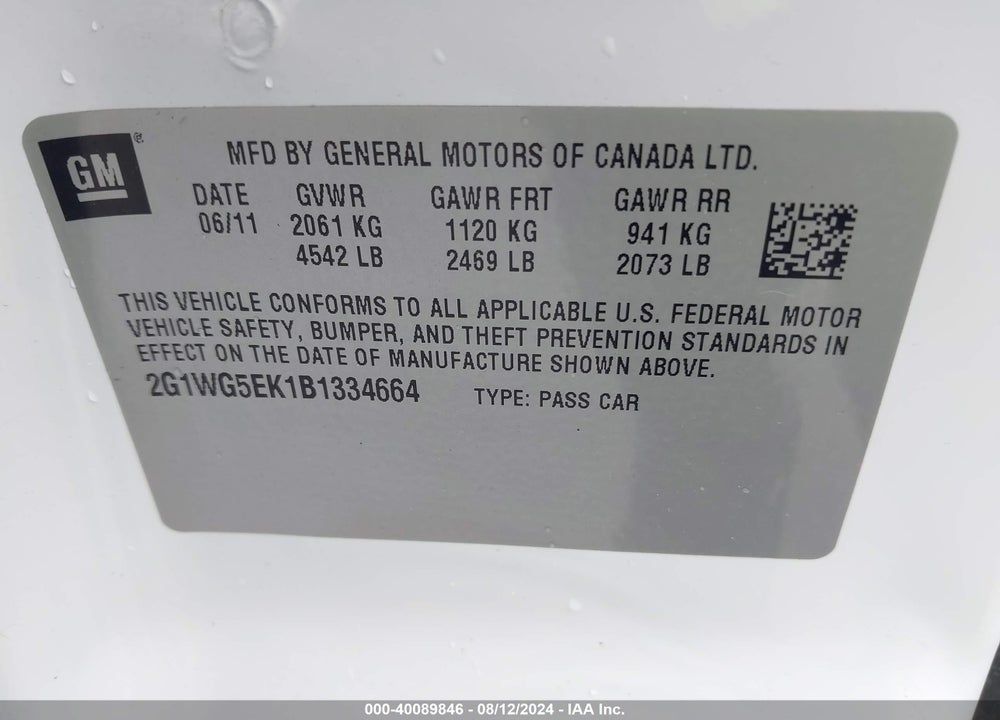 2011 CHEVROLET IMPALA LT VIN: 2G1WG5EK1B1334664