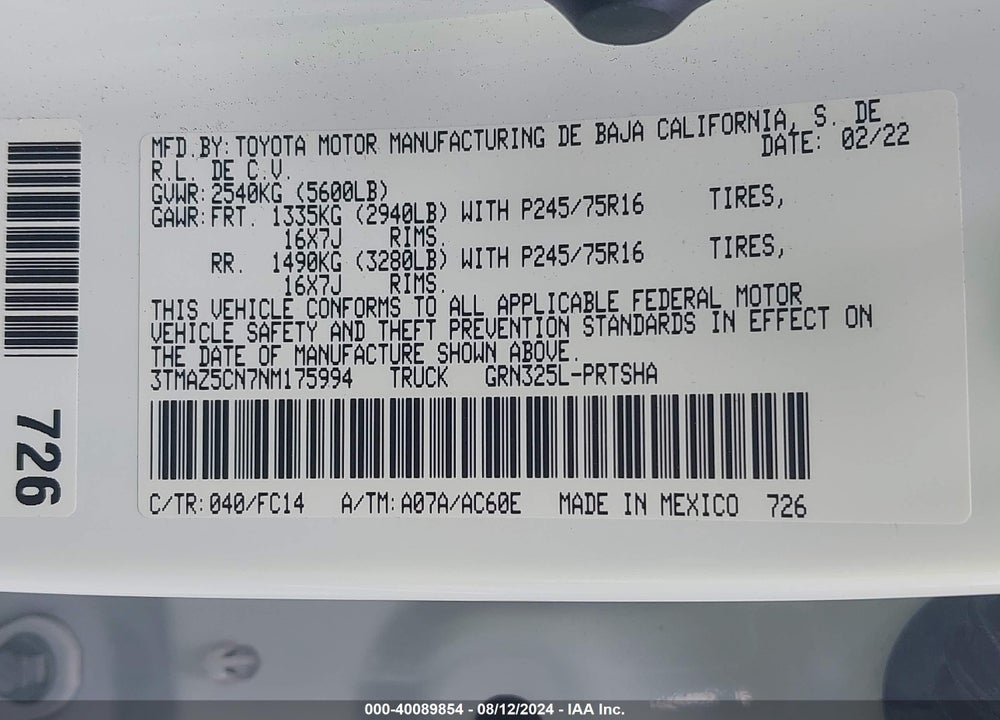 2022 TOYOTA TACOMA SR5 V6 VIN: 3TMAZ5CN7NM175994